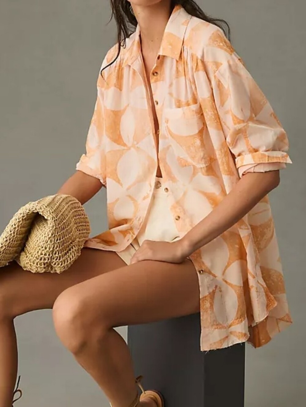 Pilcro Oversized Womens Orange Patterned Button-Up Shirt Size XS Lounge Y2K Boho